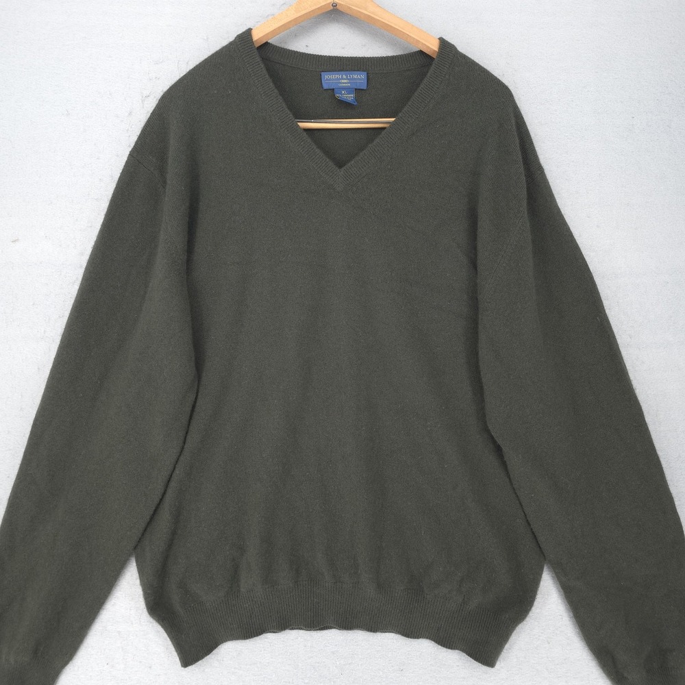 Joseph & Lyman Sweater Mens XL Green 100% Cashmere V Neck Knit Pullover